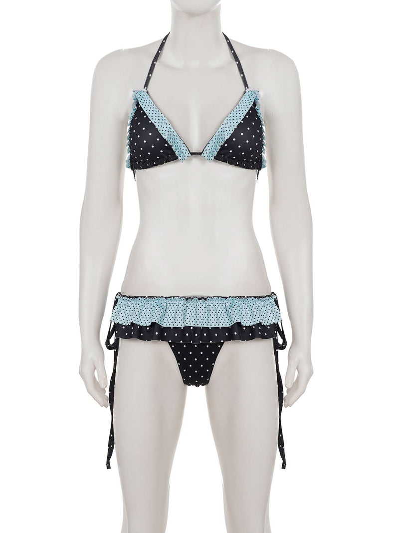 Chic Polka Dot Halter Bikini Set with Ruffled Trim – Vintage-Inspired Tie-Side Swimwear for Your Next Tropical Getaway