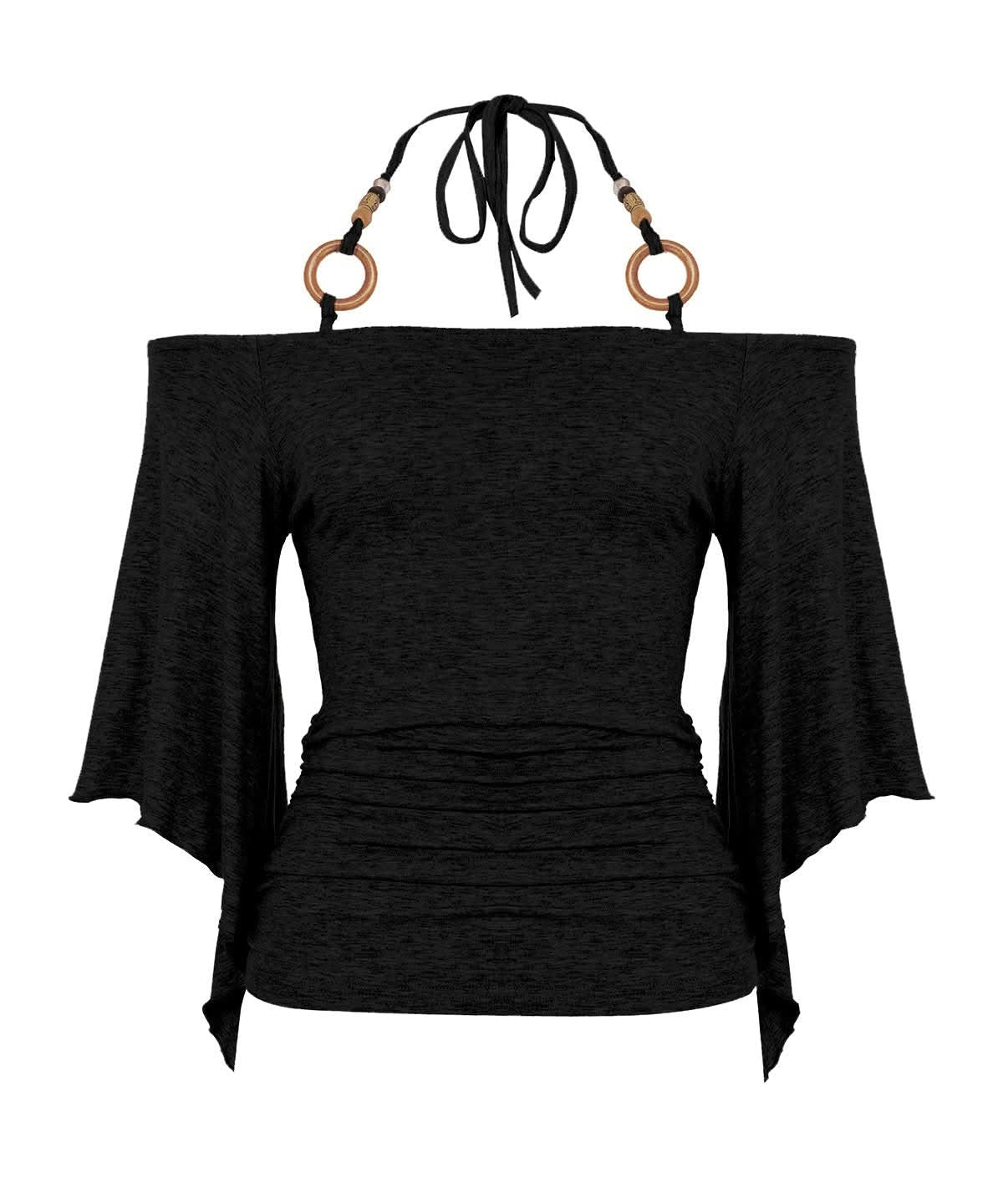 Autumn Breeze: Chic Ruched Off-Shoulder Halter Top with Boho O-Rings