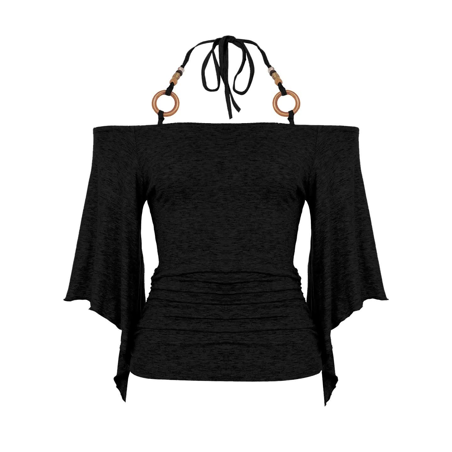 Autumn Breeze: Chic Ruched Off-Shoulder Halter Top with Boho O-Rings