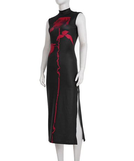 Midnight Bloom Mock Neck Maxi Dress – Iconic Red Rose Print & High Slit for Fall & Holiday Glamour