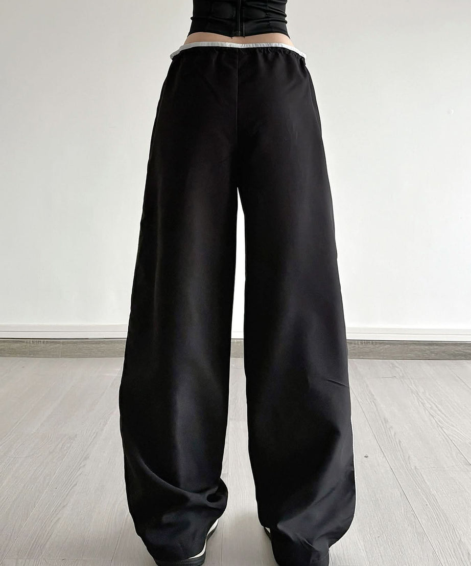 Comfy Chic Black Wide-Leg Track Pants | Drawstring Side Stripe Fall Style