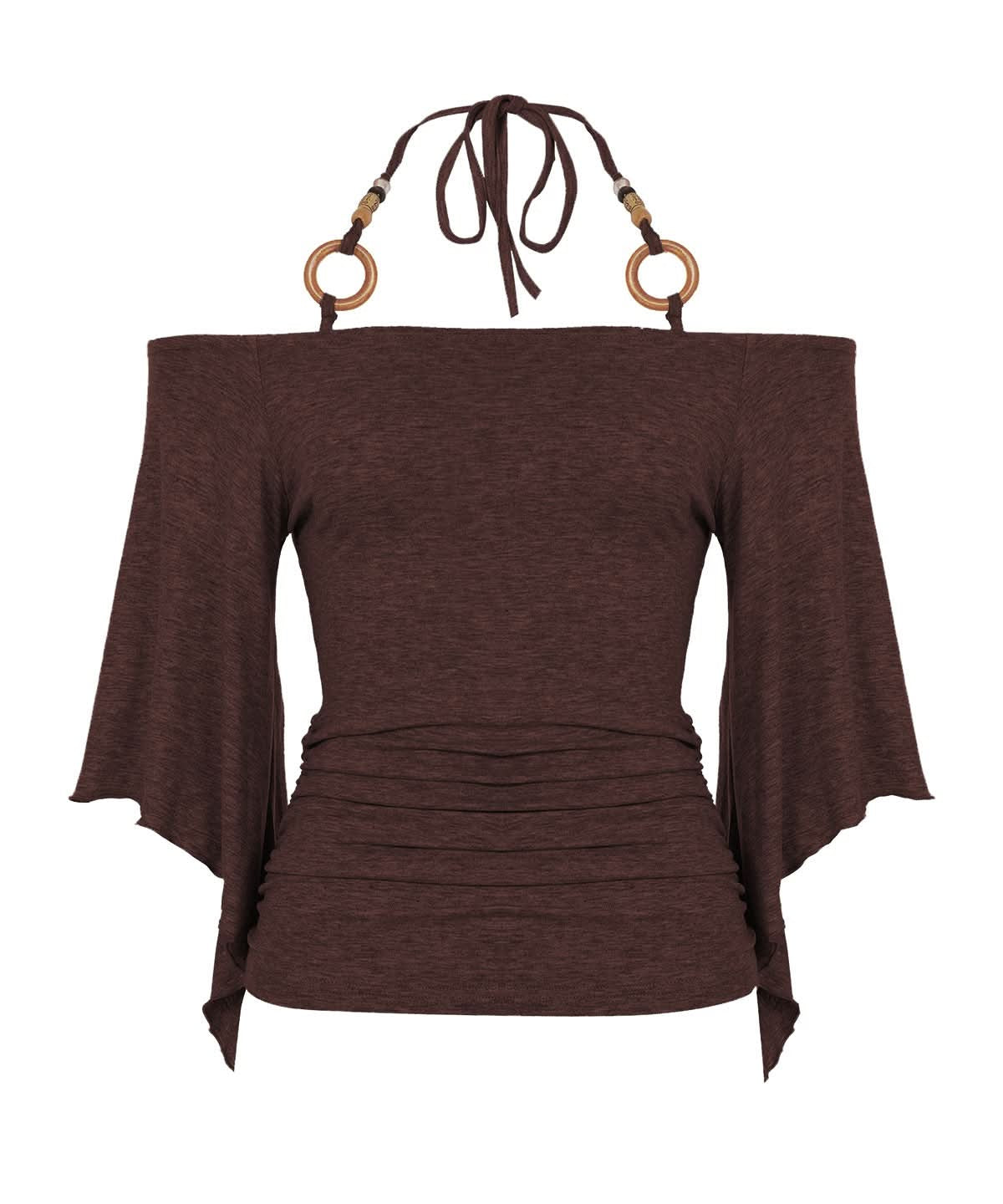 Autumn Breeze: Chic Ruched Off-Shoulder Halter Top with Boho O-Rings