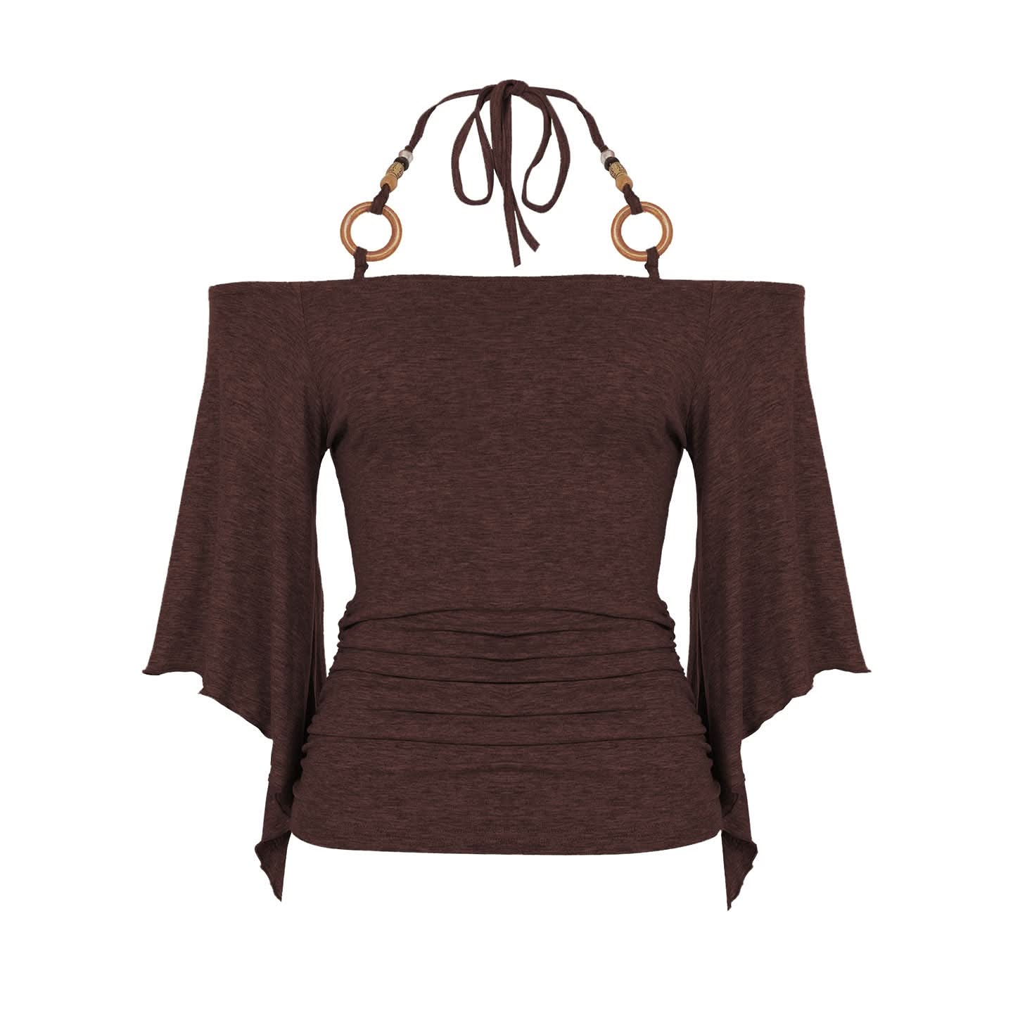 Autumn Breeze: Chic Ruched Off-Shoulder Halter Top with Boho O-Rings