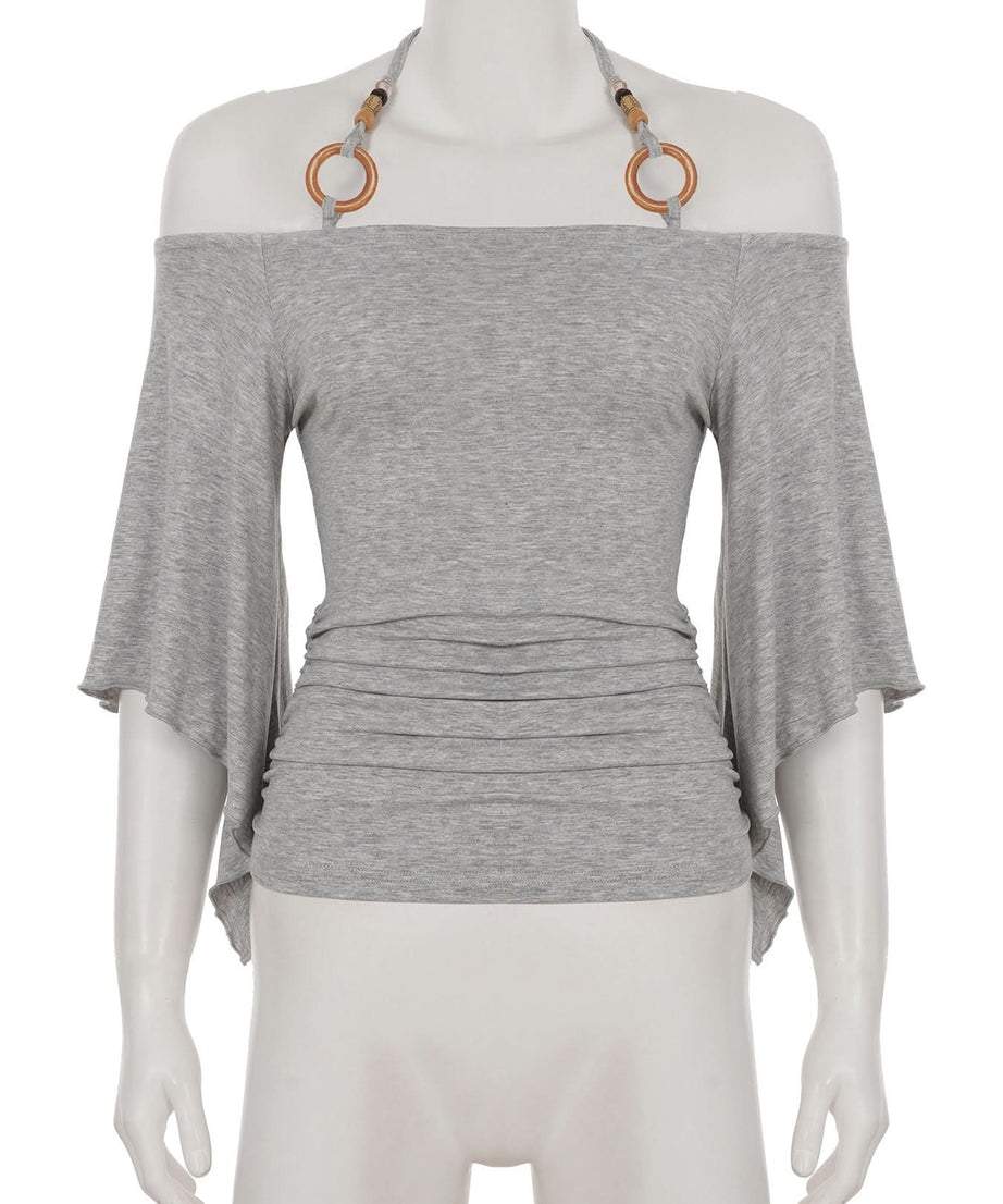 Autumn Breeze: Chic Ruched Off-Shoulder Halter Top with Boho O-Rings