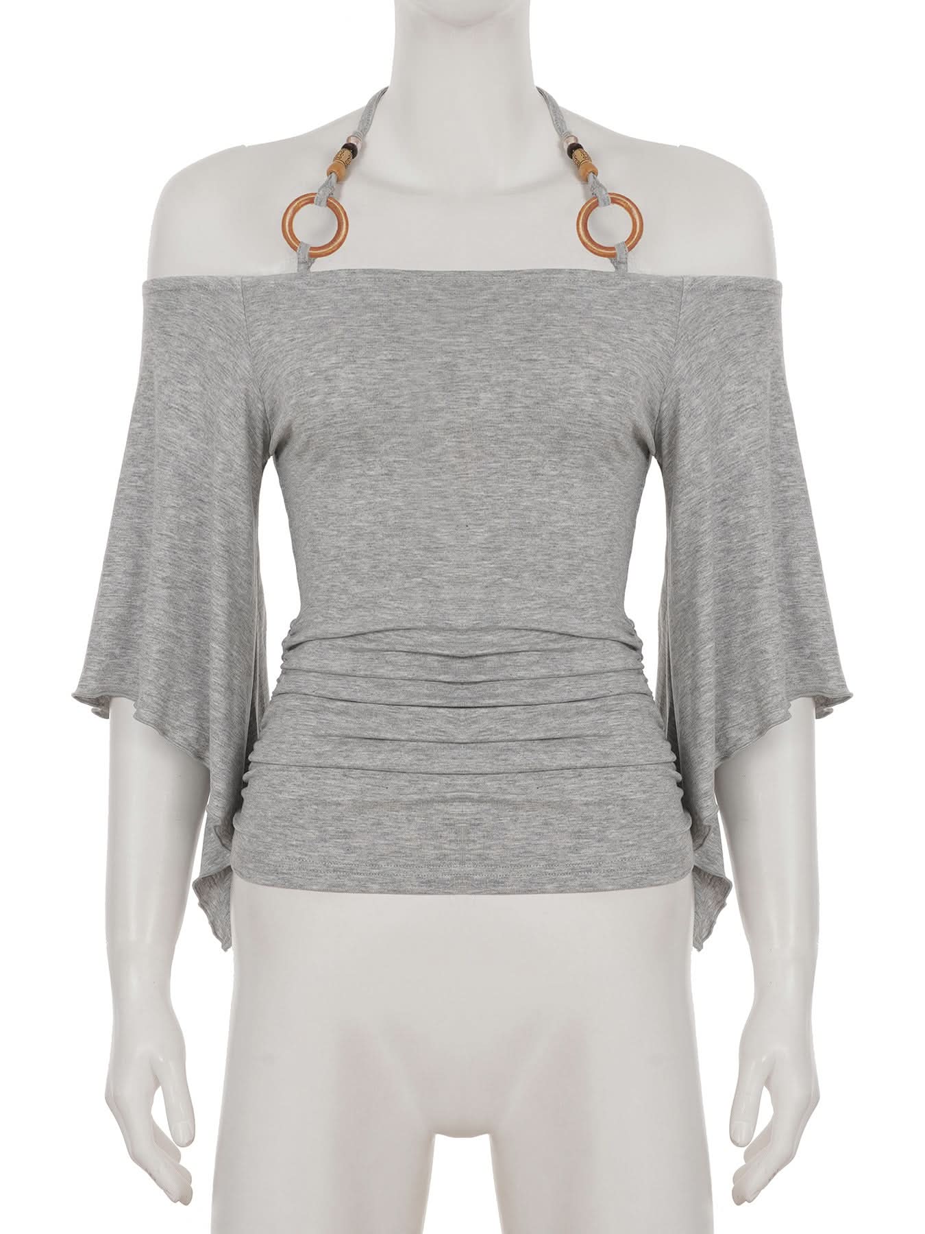 Autumn Breeze: Chic Ruched Off-Shoulder Halter Top with Boho O-Rings
