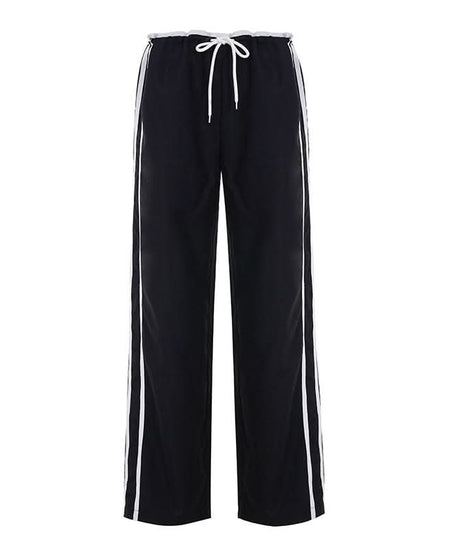 Comfy Chic Black Wide-Leg Track Pants | Drawstring Side Stripe Fall Style