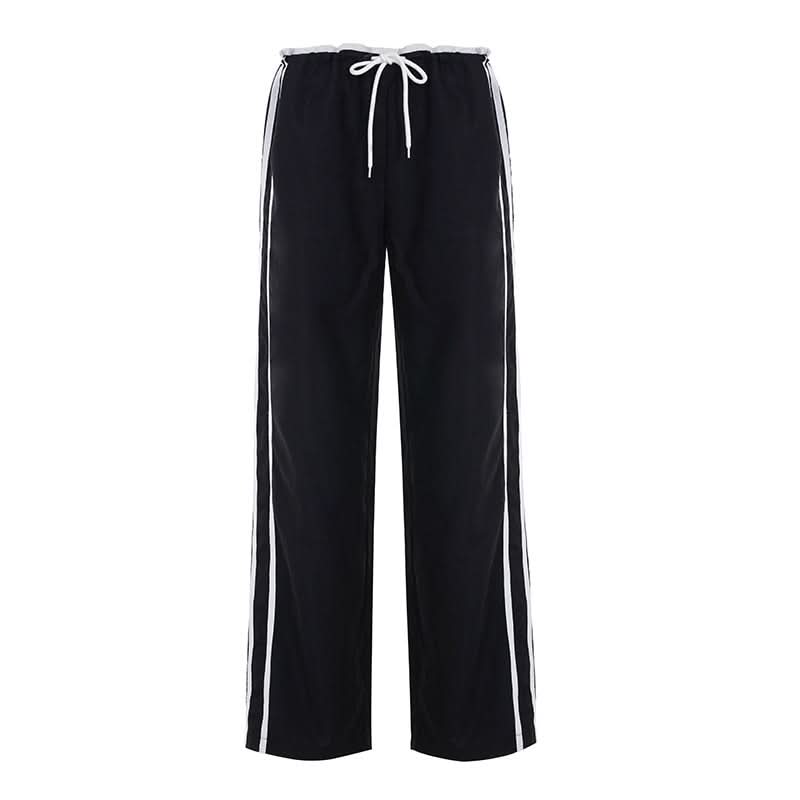 Comfy Chic Black Wide-Leg Track Pants | Drawstring Side Stripe Fall Style