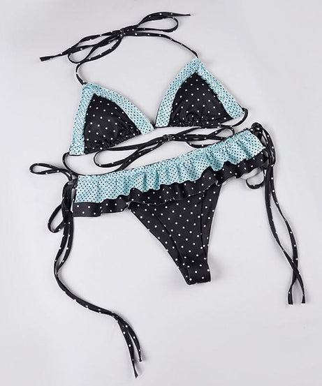 Chic Polka Dot Halter Bikini Set with Ruffled Trim – Vintage-Inspired Tie-Side Swimwear for Your Next Tropical Getaway