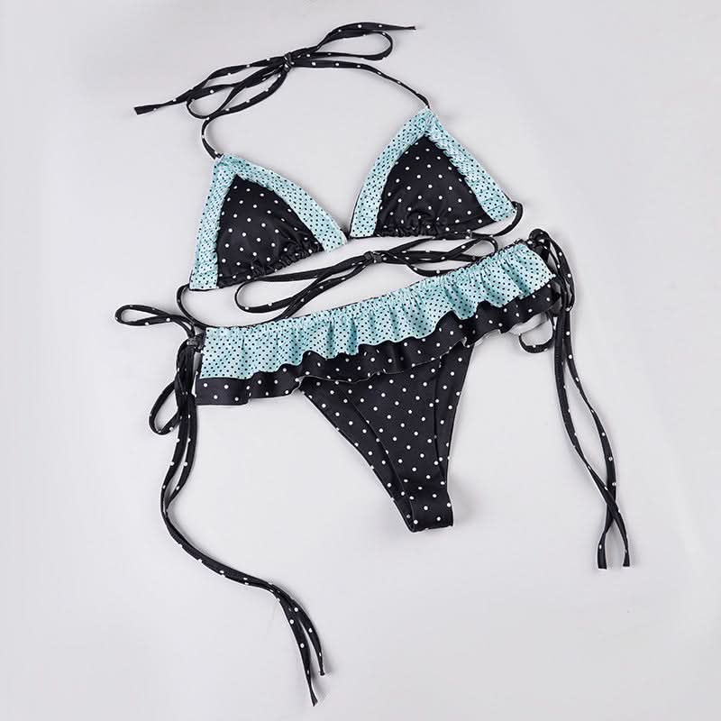 Chic Polka Dot Halter Bikini Set with Ruffled Trim – Vintage-Inspired Tie-Side Swimwear for Your Next Tropical Getaway
