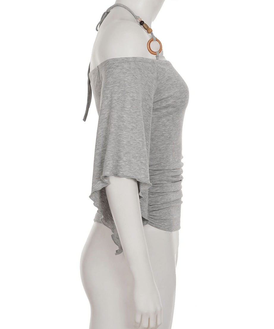 Autumn Breeze: Chic Ruched Off-Shoulder Halter Top with Boho O-Rings