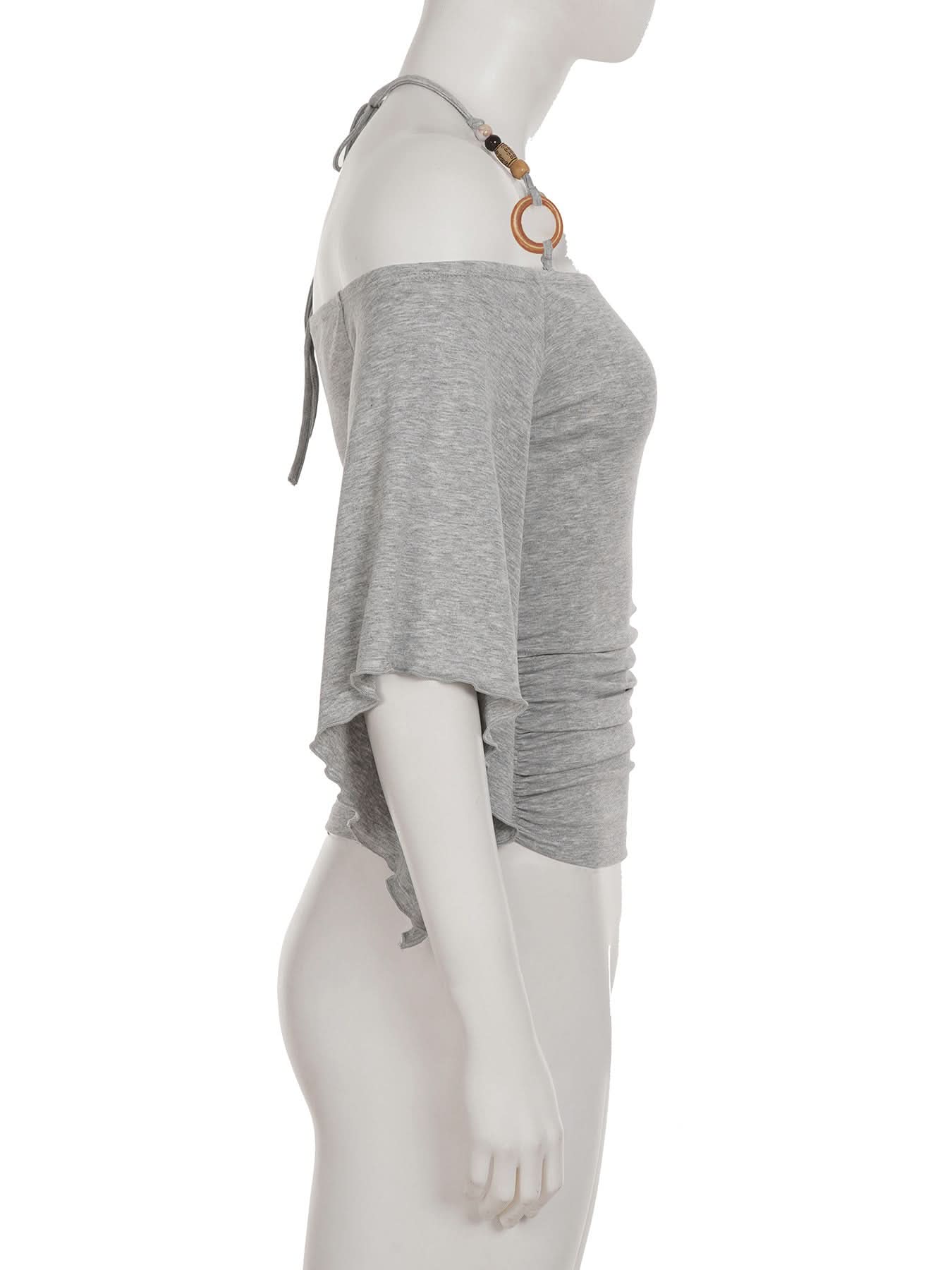 Autumn Breeze: Chic Ruched Off-Shoulder Halter Top with Boho O-Rings