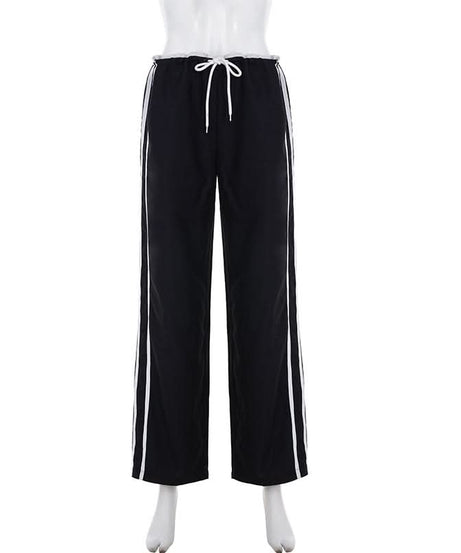 Comfy Chic Black Wide-Leg Track Pants | Drawstring Side Stripe Fall Style