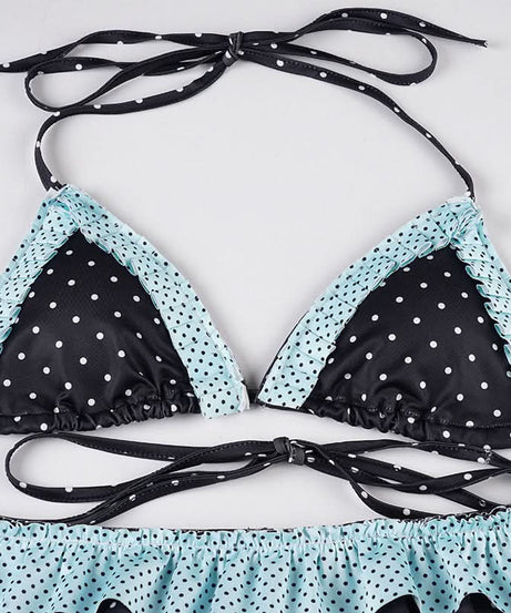 Chic Polka Dot Halter Bikini Set with Ruffled Trim – Vintage-Inspired Tie-Side Swimwear for Your Next Tropical Getaway