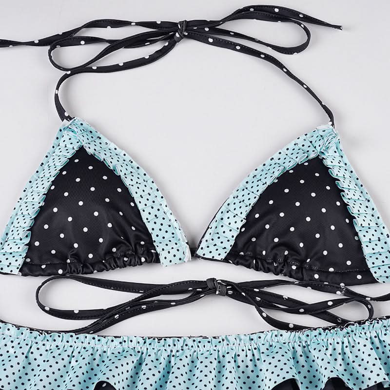 Chic Polka Dot Halter Bikini Set with Ruffled Trim – Vintage-Inspired Tie-Side Swimwear for Your Next Tropical Getaway