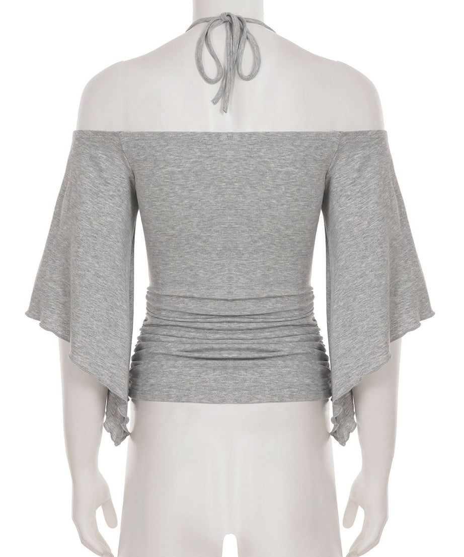 Autumn Breeze: Chic Ruched Off-Shoulder Halter Top with Boho O-Rings