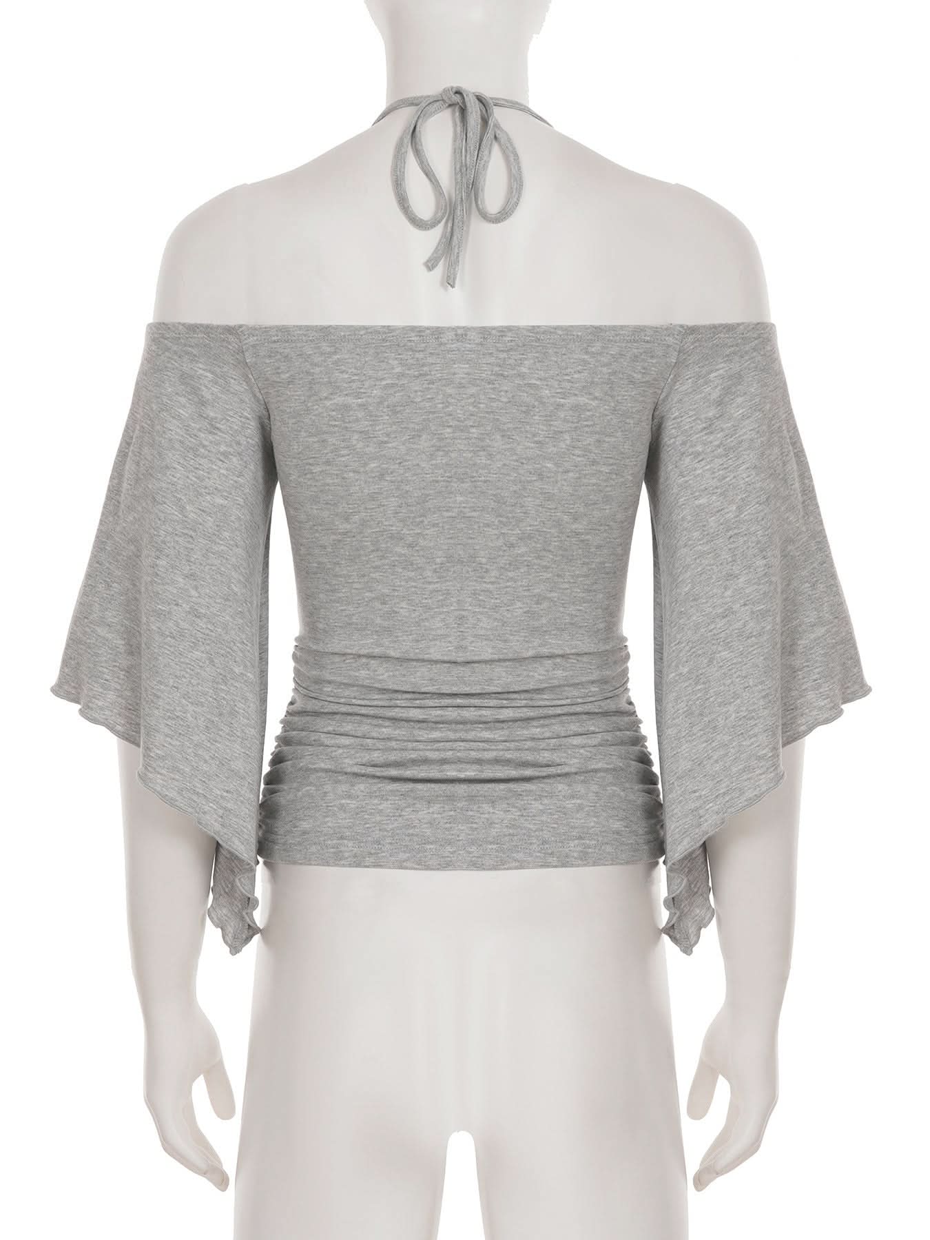 Autumn Breeze: Chic Ruched Off-Shoulder Halter Top with Boho O-Rings