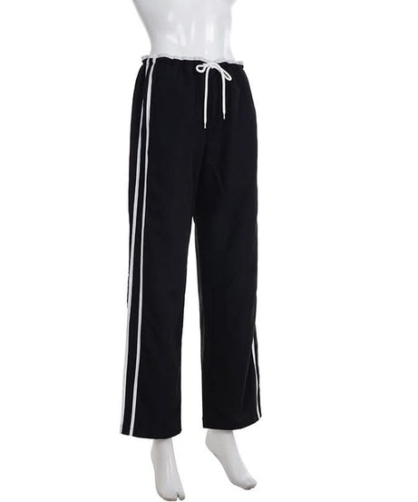 Comfy Chic Black Wide-Leg Track Pants | Drawstring Side Stripe Fall Style