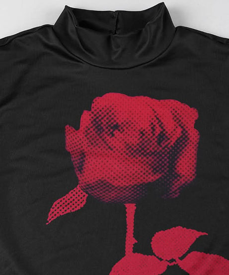 Midnight Bloom Mock Neck Maxi Dress – Iconic Red Rose Print & High Slit for Fall & Holiday Glamour