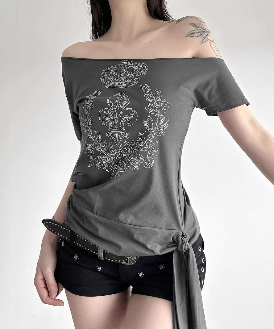 Regal Rebel Off-Shoulder Knotted Graphic Top | Fall's Edgy Chic Statement
