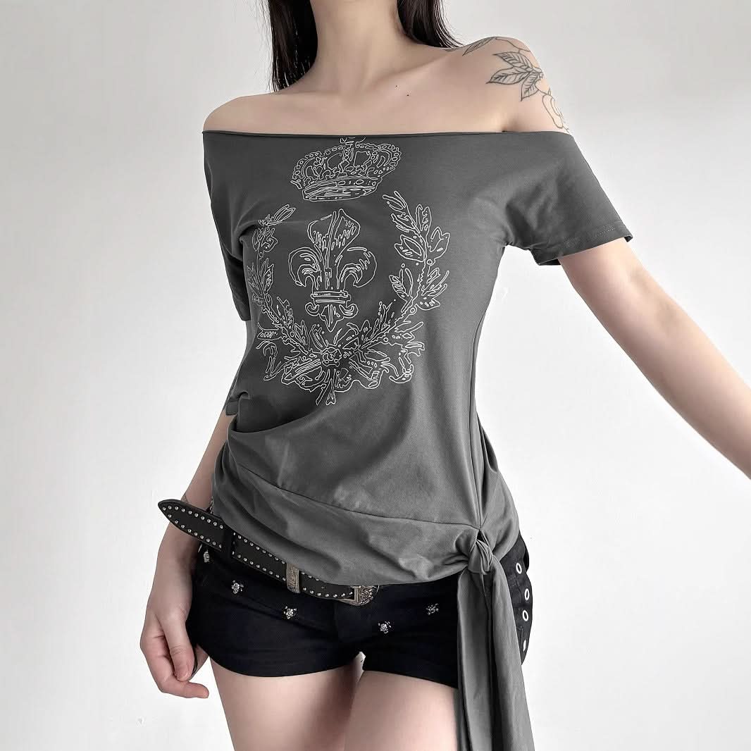Regal Rebel Off-Shoulder Knotted Graphic Top | Fall's Edgy Chic Statement