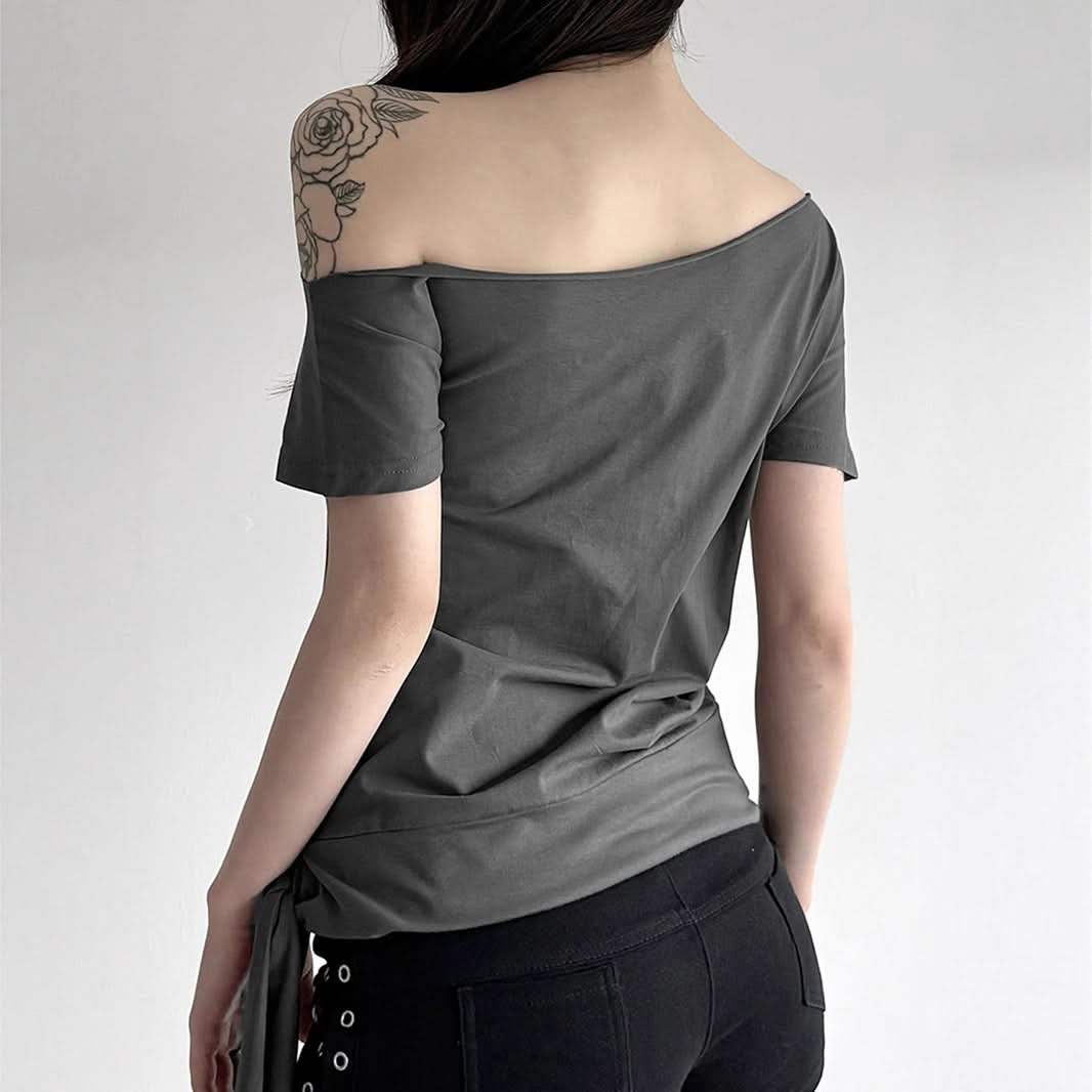 Regal Rebel Off-Shoulder Knotted Graphic Top | Fall's Edgy Chic Statement