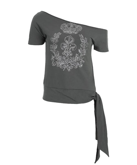 Regal Rebel Off-Shoulder Knotted Graphic Top | Fall's Edgy Chic Statement