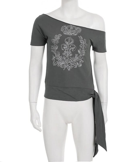 Regal Rebel Off-Shoulder Knotted Graphic Top | Fall's Edgy Chic Statement