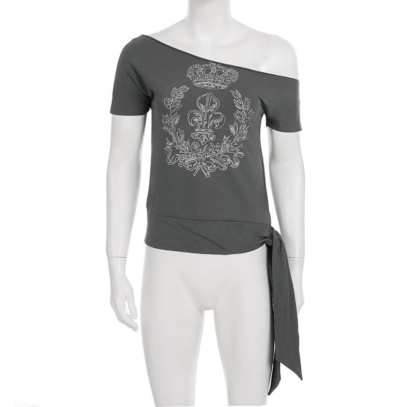 Regal Rebel Off-Shoulder Knotted Graphic Top | Fall's Edgy Chic Statement