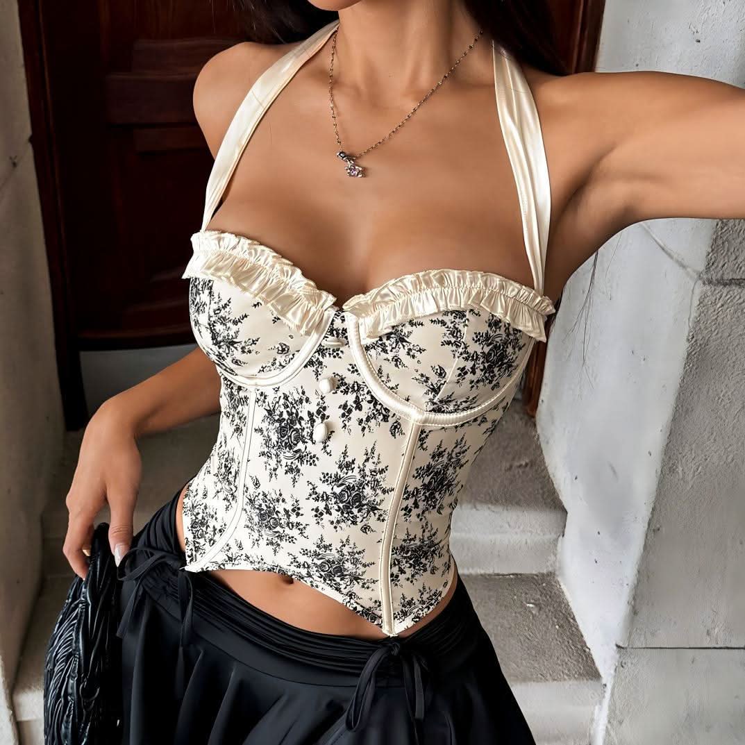 Fall Romance Floral Halter Corset Top - Chic Ruffle Bustier