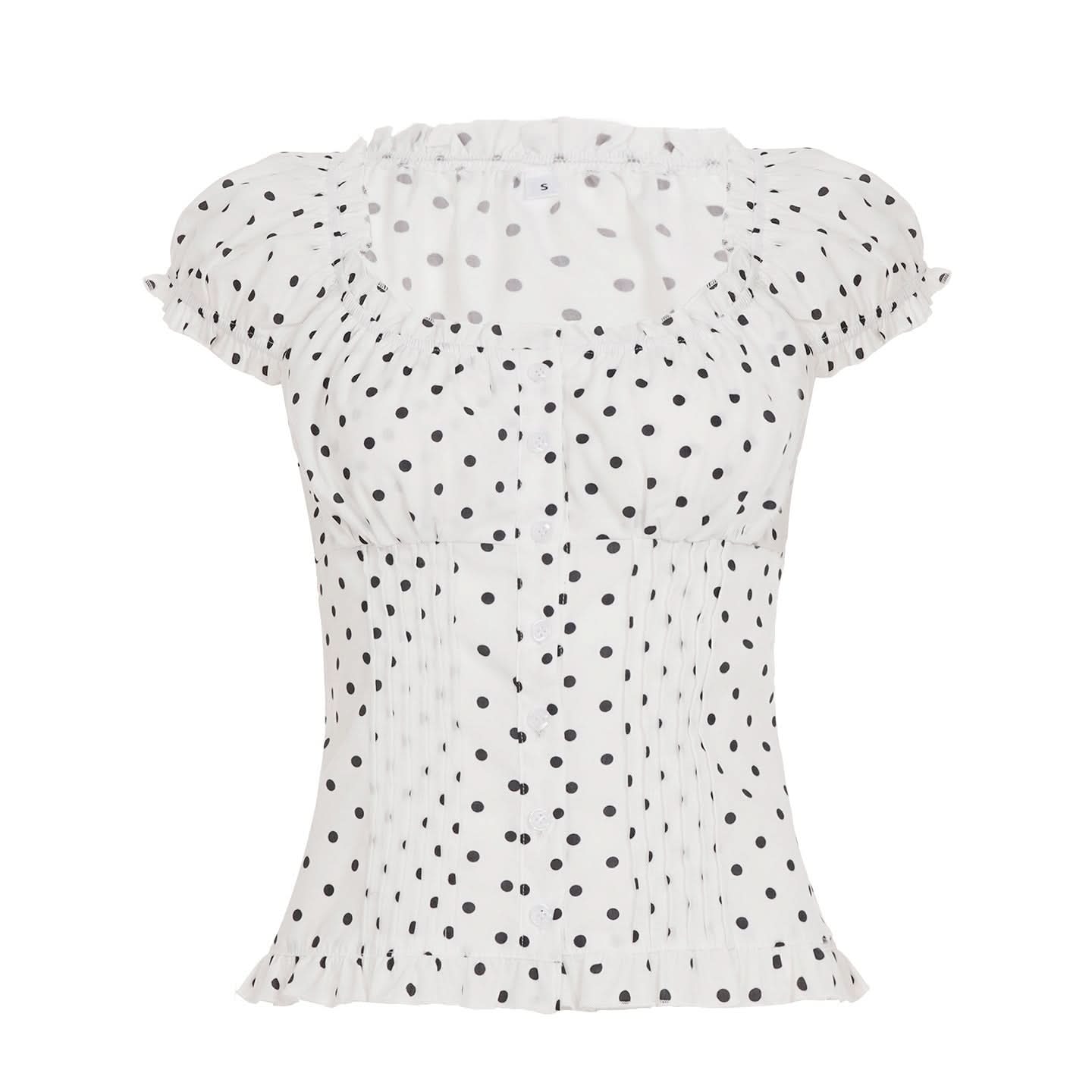 Darling White Polka Dot Puff Sleeve Blouse - Chic Button-Front Ruffle Top