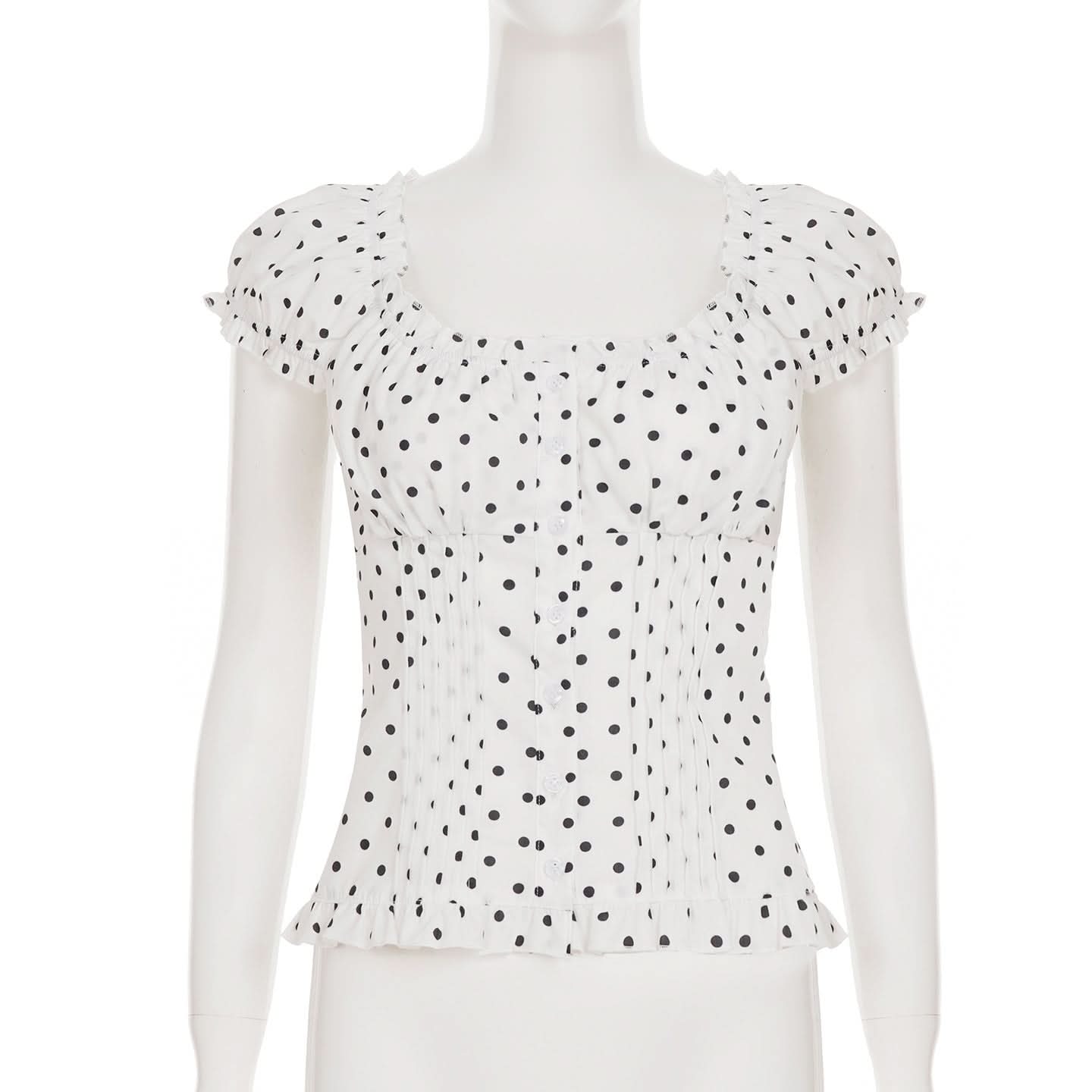 Darling White Polka Dot Puff Sleeve Blouse - Chic Button-Front Ruffle Top