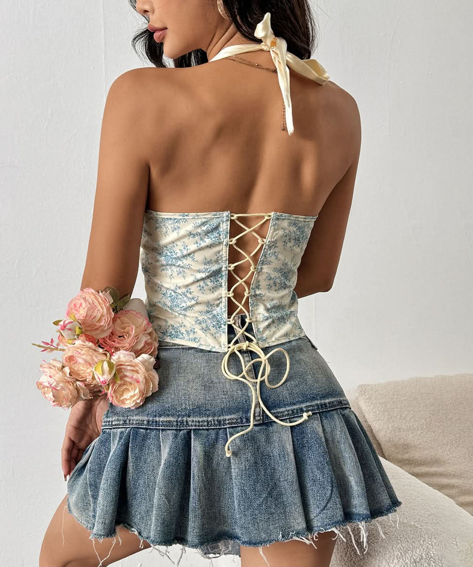 Fall Romance Floral Halter Corset Top - Chic Ruffle Bustier