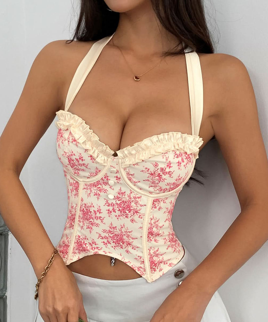 Fall Romance Floral Halter Corset Top - Chic Ruffle Bustier