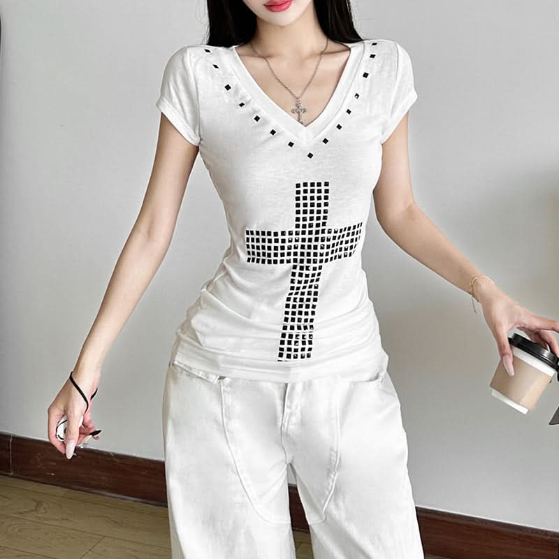 Edgy Chic Studded Cross V-Neck Top - Y2K Inspired Fall Fashion Essential
