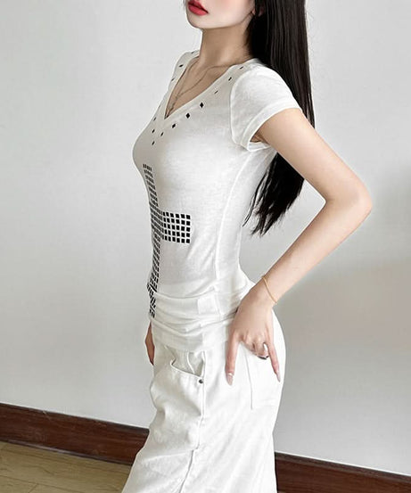 Edgy Chic Studded Cross V-Neck Top - Y2K Inspired Fall Fashion Essential