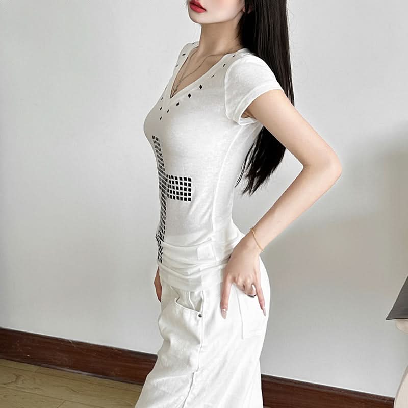 Edgy Chic Studded Cross V-Neck Top - Y2K Inspired Fall Fashion Essential