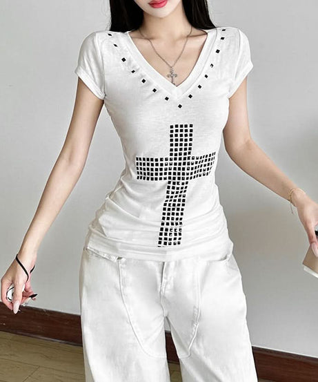 Edgy Chic Studded Cross V-Neck Top - Y2K Inspired Fall Fashion Essential