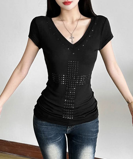 Edgy Chic Studded Cross V-Neck Top - Y2K Inspired Fall Fashion Essential