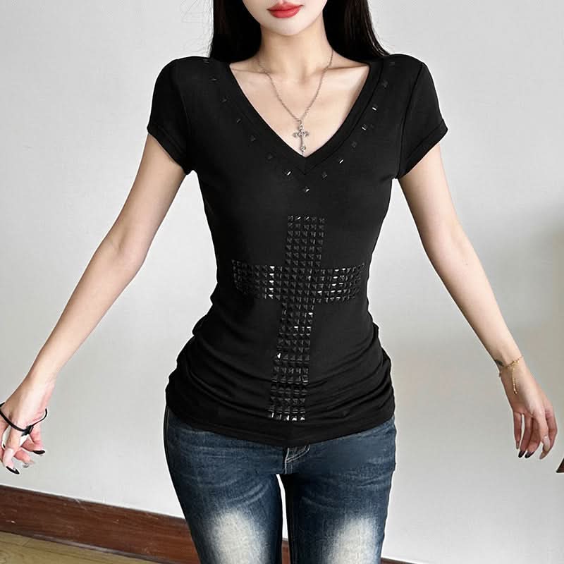 Edgy Chic Studded Cross V-Neck Top - Y2K Inspired Fall Fashion Essential