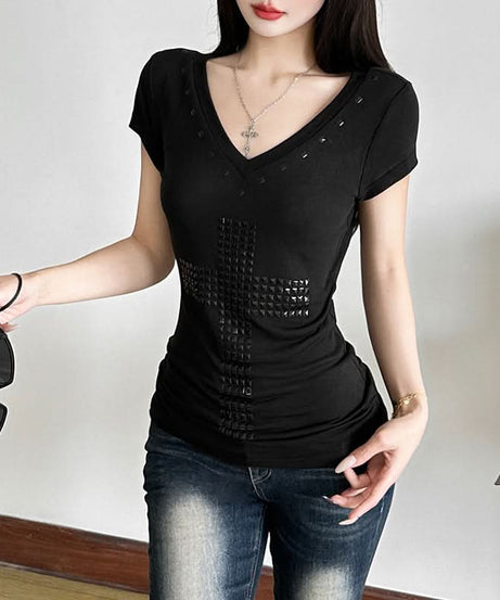 Edgy Chic Studded Cross V-Neck Top - Y2K Inspired Fall Fashion Essential