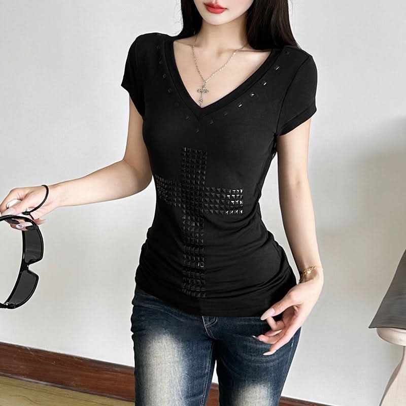Edgy Chic Studded Cross V-Neck Top - Y2K Inspired Fall Fashion Essential