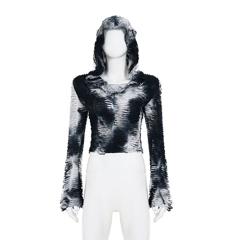 Edgy Grunge Tie-Dye Distressed Hooded Crop Top - Your Fall Fashion Statement