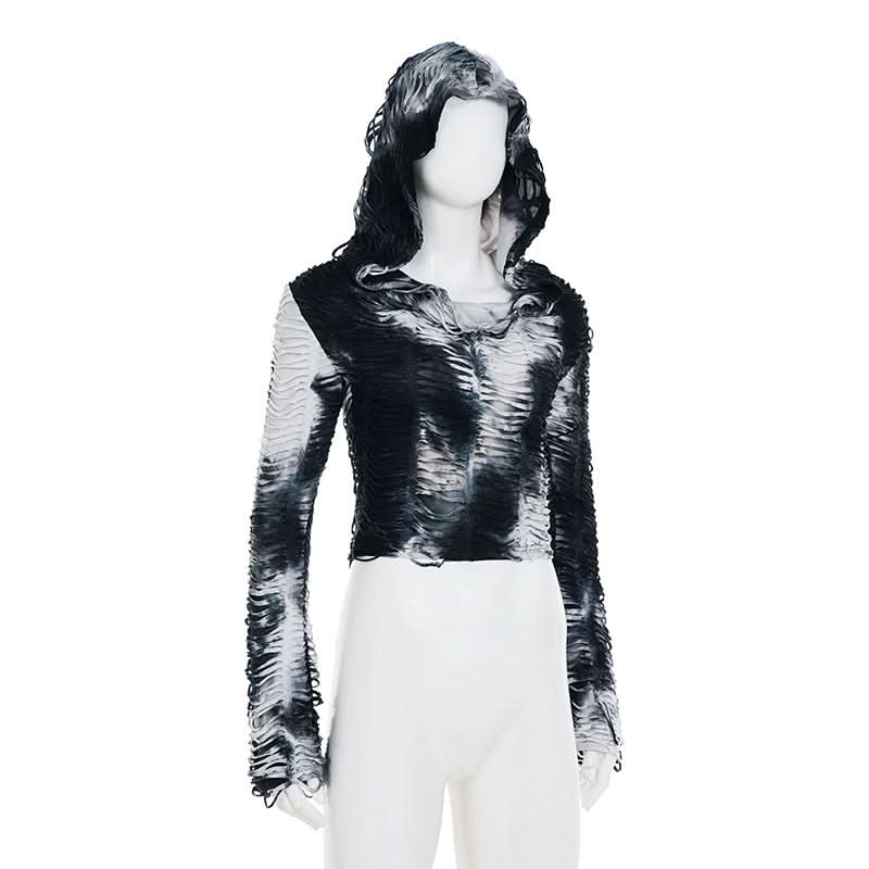 Edgy Grunge Tie-Dye Distressed Hooded Crop Top - Your Fall Fashion Statement