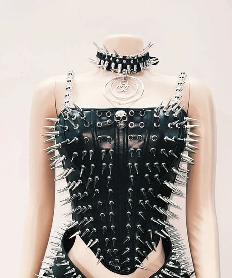 Ultimate Spiked Gothic Punk Corset Top & Pleated Mini Skirt Set - Halloween & Party Ready!