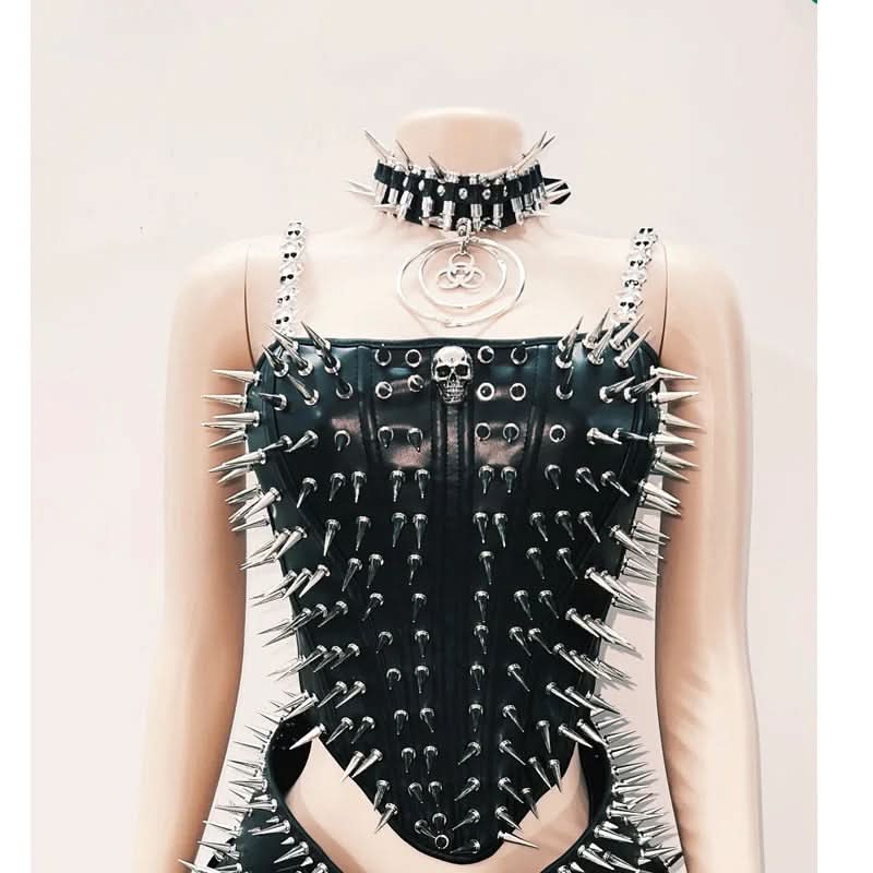 Ultimate Spiked Gothic Punk Corset Top & Pleated Mini Skirt Set - Halloween & Party Ready!