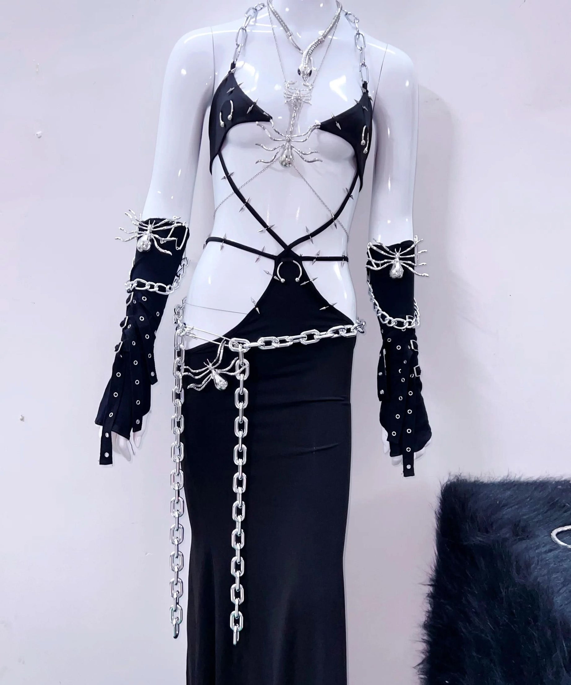 Gothic Spider Chain Halter Maxi Dress - Daring Halloween Party & Rave Attire