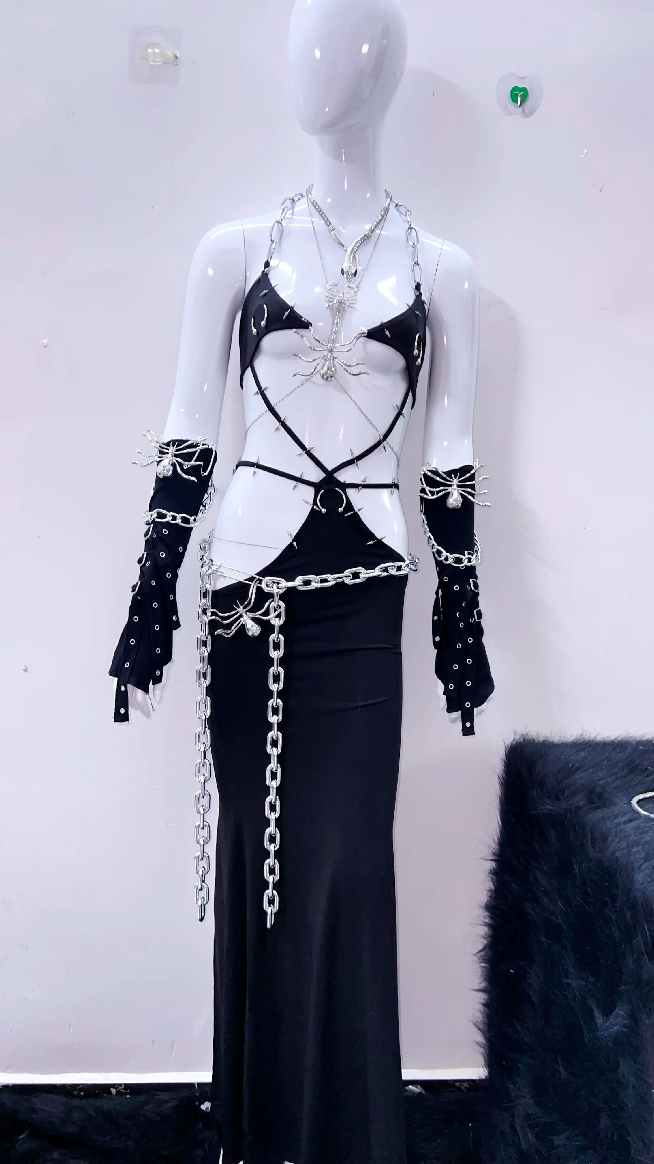 Gothic Spider Chain Halter Maxi Dress - Daring Halloween Party & Rave Attire