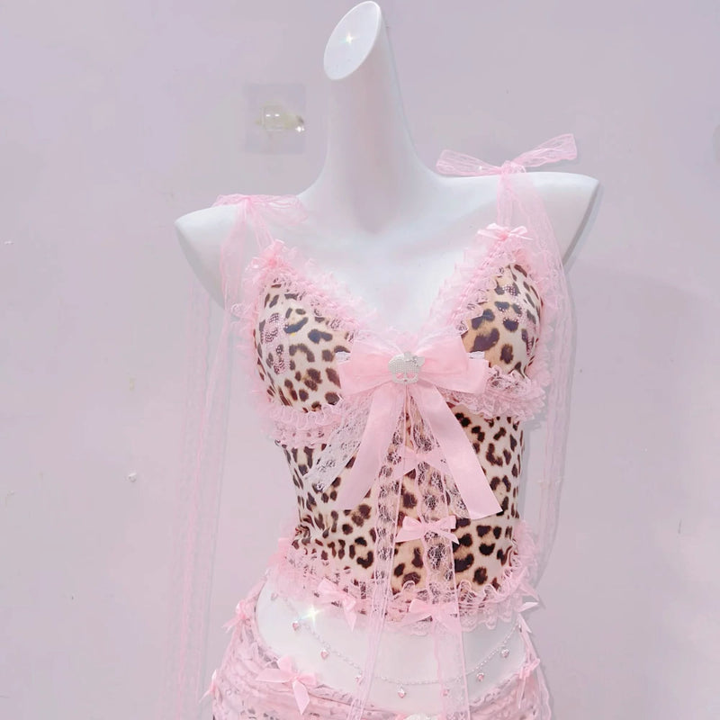 Flirty Coquette Leopard & Pink Lace Cami Shorts Set | Sweet Dreams & Spooky Chic