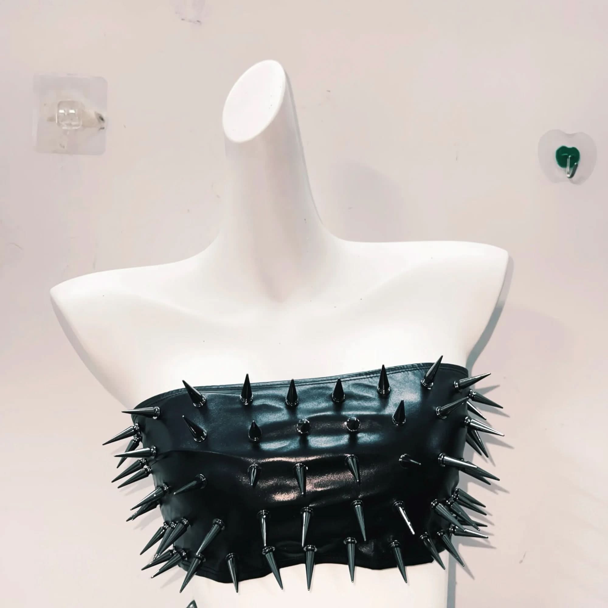 Fierce Spiked Skull Faux Leather Tube Top & Shorts Set | Halloween Rave & Clubwear