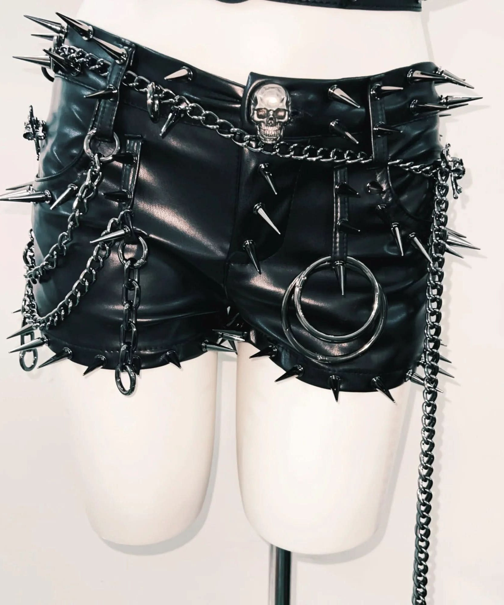 Fierce Spiked Skull Faux Leather Tube Top & Shorts Set | Halloween Rave & Clubwear
